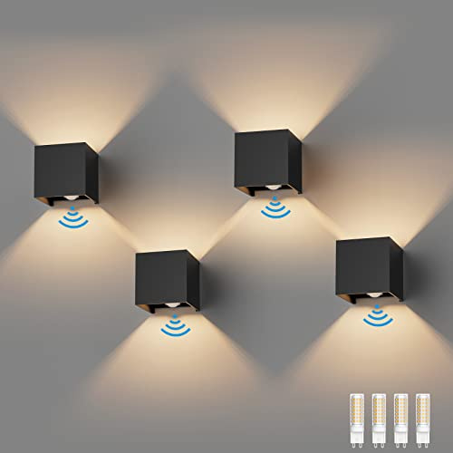 Klighten 4 Stück Aussenlampe mit Bewegungsmelder Warmweiß 3000K, Schwarz | mit Austauschbarer G9 Lampe, Einstellbarer Lichtstrahl, Wasserdicht IP54, Aluminium Außenwandleuchten für Garten, Terrassen