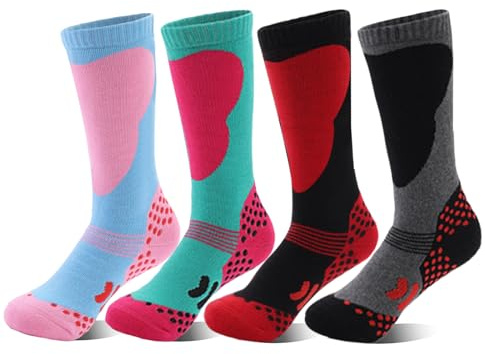 Azarxis Kid Ski Socks Christmas Thick Warm Thermal Children Long Knee Snow Socks for Boy Skating Skiing Snoboarding (XS, Love Pattern - 4 Pack)