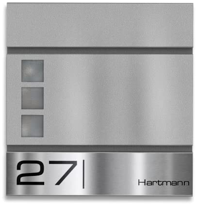 Metzler Briefkasten Graualuminium RAL 9007 Stahl – Sichtfenster – Name & Hausnummer Lasergravur Edelstahl - inkl. Zeitungsfach - Postkasten mit Fenster - Modell Oltmann