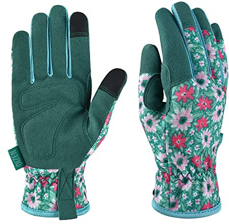 OIZEN Gartenhandschuhe für Frauen und Männer, Touchscreen Gartenhandschuhe, Dornenfeste und Durchstichfeste Arbeitshandschuhe, Gartengeschenke für Frauen (grüne Blume, M)