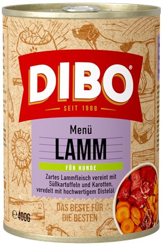 DIBO Menü Lamm, 6 x 400g-Dose, Hundefutter, Nassfutterohne Konservierungsstoffe, Reine Fleischdosen aus frischem und natürlichem Fleisch! DIBO-Qualität