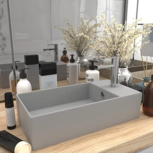 homiuse Lavabo da bagno con scarico in ceramica, grigio chiaro, lavabo da appoggio, mobiletto da bagno, rettangolare, foro laterale, 48 x 25 x 15 cm
