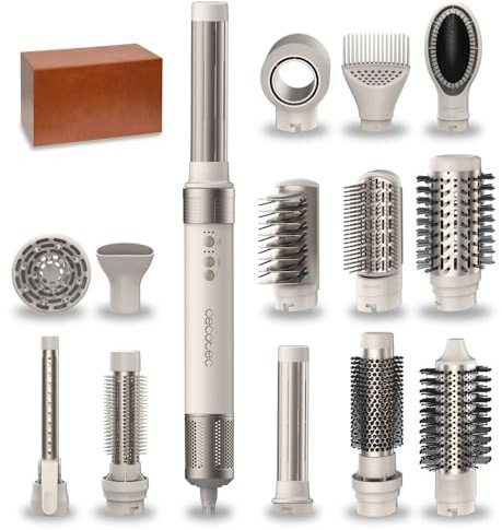 Cecotec Cepillo de Aire Caliente Secador Moldeador Alisador 14 Cabezales Tecnología Coanda CeramicCare 14in1 AirGlam Champagne. 1400W, Motor Digital, Elimina el Frizz, 3 Temperaturas