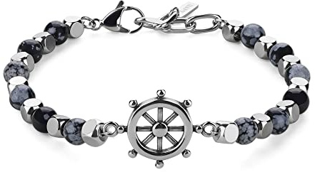 GAVU Pulsera para Hombre de Obsidiana Copo de Nieve y Acero Inoxidable con Dije de Timón, Pulsera Surfista Hombre con Piedras Naturales