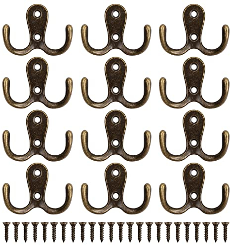 Naseom 12 Pièces Patère Patere Porte Manteau Mural, Rétro Patère, Crochets Doubles Porte Manteau Mural Rétro en Métal avec 24 Vis pour Porte-Manteau Salle de Bain Cuisine (Bronze)