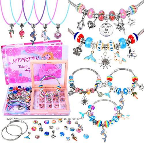 AIPRIDY EEinhorn Meerjungfrau Geschenke, Schmuck Basteln für Mädchen, Einschulung Bastelset Armbänder Selber Machen Spielzeug, 5 6 7 8 9 10 11 12 Jahre (72 Stücke Rose)