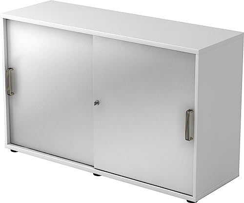 bümö Schiebetürenschrank 2OH - Aktenschrank abschließbar, Sideboard Schrank mit Schiebetüren in Weiß/Silber, Streifengriff - Büroschrank aus Holz mit Schiebetür, Büro Kommode für Ordner & Co.
