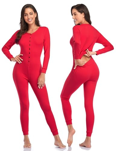CORLORFULLEAF Herren/Damen Einteiler Pyjama Onesie Base Thermounterwäsche Union Anzug Leichte ganzkörper(Rot,L)
