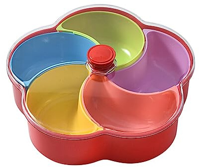 Snackschale mit Deckel, Regenbogen Snack Aufbewahrungsbox Süßigkeiten Box mit 5 Fächer Wiederverwendbar Snackschale Obstschale Rund Snacktablett Candy Box Snack Teller für Getrocknete Früchte Nüsse