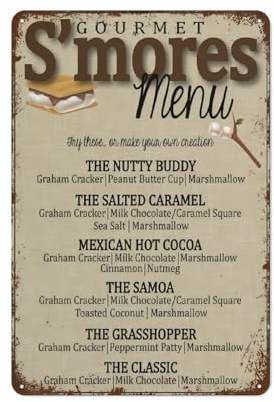 S'mores Bar Menu Camping Party Funny Wall Decor Vintage Metal Tin Sign Plate For Man Cave Bar Pub Club Home Room Gift Poster 8 x 12 pulgadas