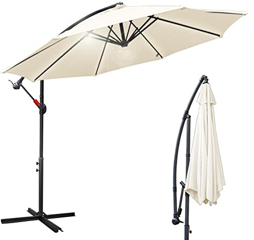 Eulenke Sombrilla de 300/350 cm Voladiza con Manivela, Terraza Exterior con Ángulo de Inclinación y Altura Ajustable, Protección UV para Balcón, Jardín, Playa