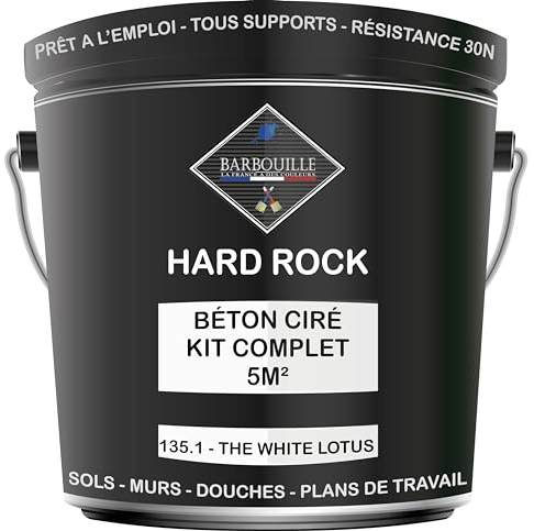 Béton Ciré Blanc Kit 5m² finit - HARD ROCK - 2 couches de 5m² - Prêt à l'Emploi - Adhérence sur Tout Support - Intérieur et Extérieur - Instructions incluses - 135-1 - THE WHITE LOTUS - BARBOUILLE