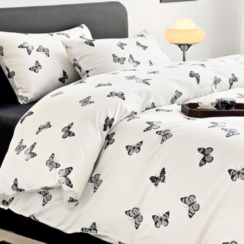 Nayoroom Bettwäsche Schmetterlinge 135x200 Weiß Baumwolle Bettbezug Set 2teilig Schwarz Schmetterling Muster Blumenwiese Deckenbezug mit Reißverschluss und 1 Kissenbezug 80x80 cm