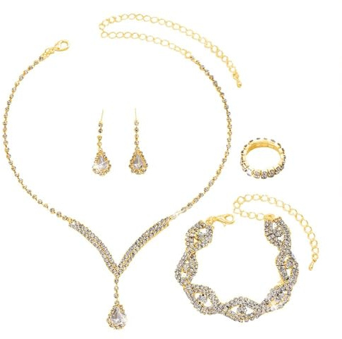 FDEETY Damen Schmuckset Kristall Strass Anhänger Halskette Armreif Ohrring Ringe Set Abschlussball Brautparty Brautjungfer Schmuckset(Gold)