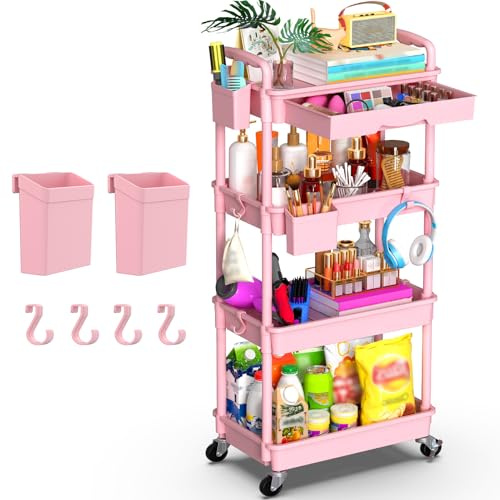 Yeabett Carro de servicio con 4 estantes, con ruedas, carro de almacenamiento con cajón, para cocina, baño, oficina, sala de estar, rosa
