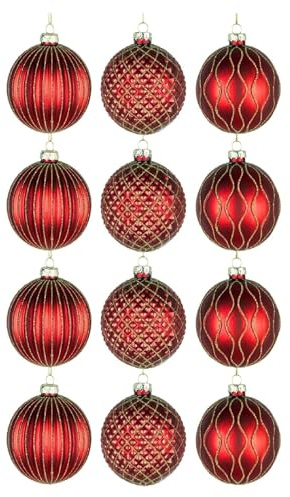 12Pcs/80mm Glass Baubles Christmas Tree Balls Spheres Hanging Ornaments Set Assorted Designs Xmas Tree Decorations, Red Golden