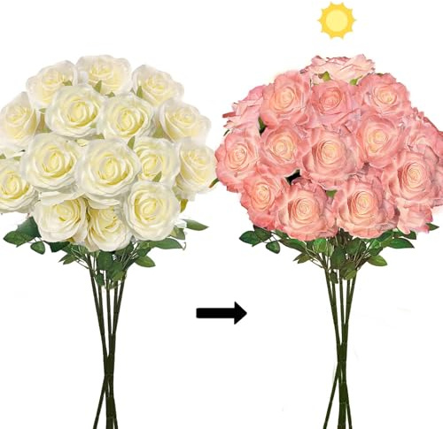 SNAIL GARDEN Farbwechselnder Kunstrosen Strauß - 5 Stiele 15 Blüten (Champagner zu Rosa), Realistische Seidenrosen mit Lichtreaktion für Hochzeiten & Wohnaccessoires (65cm)