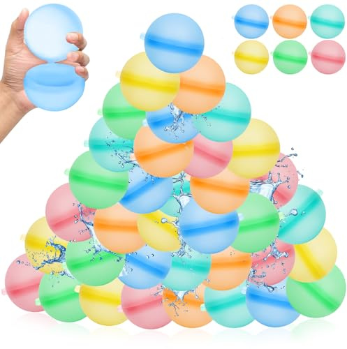 ZZQVIP Wasserbomben wiederverwendbar 36 Stück, Silikon Wasserbälle 5 cm mit Clipverschluss, Mehrweg Wasserballons für Kinder, Wasserspielzeug für Pool, Strand, Garten, Wasserschlacht und Sommerparty