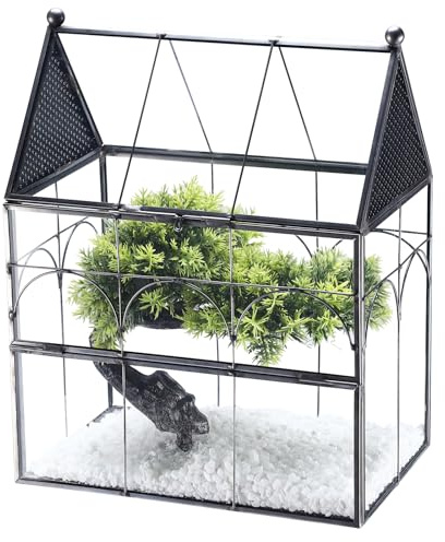 Homtone Pflanzen Terrarium in Hausform aus Glas & Metall 19x12,5x23cm, Dekoratives Insektenterrarium mit Tür & Belüftung, Ideal für Spinnen, Schnecken, Hochzeitsdeko & Raumdekoration (Schwarz)