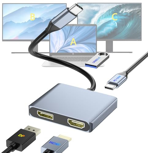 USB C to DisplayPort and HDMI Adapter 4-in-1 with 100W PD & USB 3.0 Support Splitter Extended Display for Type C Devices, MacOS Only Mirrors Same Screen(SST), Windows Extend Two Different Screen