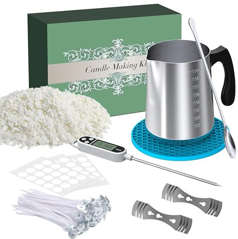 Kerzenherstellungsset für Erwachsene, Sojakerzenherstellungssets für Anfänger, DIY-Kerzenset mit natürlichem Sojawachs, 900 ml Gießtopf zum Kerzenmachen, Dochtaufkleber, Kerzendochte, Dochthalter