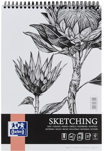 Oxford Artistic Skizzenblock A5 50 Blatt, Zeichenblock mit Doppelspirale, Sketchbook, Kunstblock 130g/m² säurefreies Papier, Zeichenheft mit stabiler Rückpappe, Skizzenheft für Zeichnen & Skizzen