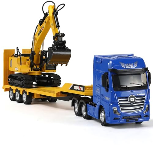 SHINESIGNAL Semi Truck Toy and Trailer, 1/50 Scale Diecast Alloy Metal Semi and Trailer Model Gifts for Boys Adult Model Car Collector (10.Semi Truck and Excavator Set-Blue)