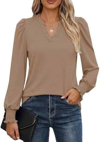 Pawate Blouse Femme Manches Longues en Coton - Décolleté V Élégant avec Manches Bouffantes - Haut Polyvalent Automne - Tunique Casual(Marron/L)