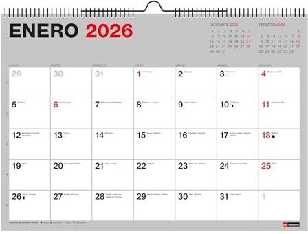 Miquelrius Wandkalender 2026, A3, 420 x 296 mm, mit Notizfeld, Doppelspiralbindung, 12-Monatsplaner, Spanisch