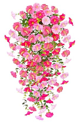 MIKVOYO 2Pcs Artificial Hanging Plants Outdoor, Artificial Fake Flowers for Hanging Baskets, Uv-Resistant Morning Glory Decor, Suitable for Indoor/Outdoor Gardens, Porches, and Patios (Pink)