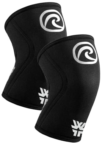 Rehband x World Fitness Project Rodillera para musculación, Soporte de Rodilla para Crossfit y Entrenamiento Intenso, Rodillera de 5 mm de Neopreno, edición WFP, Unisex, Color:Negro - 1 Par, Talla:XS