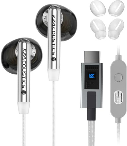 KZA COUSTICS KZ Duet Écouteurs intra-auriculaires avec câble, écouteurs de jeu, son HiFi, double pilote dynamique, microphone antibruit, câble argenté de 120 cm, type C, noir