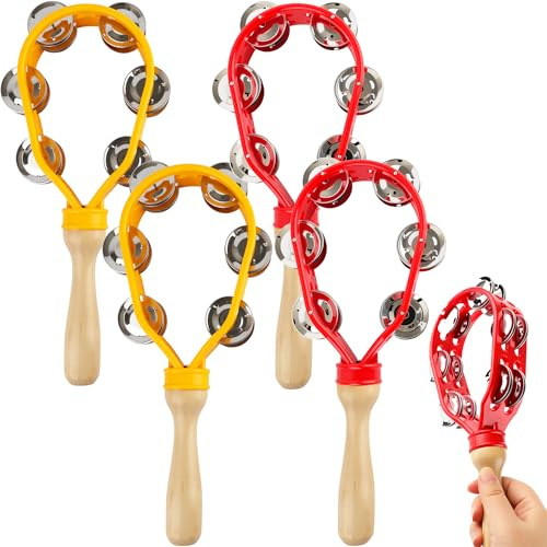 4 Pack Tambourine with Double Row Metal Jingles for Adults Hand Held Musical Percussion Instrument with Wooden Handle Grip Party Gift KTV Church