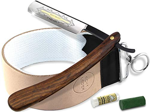 Klassisches Rasier Set Herren Rasiermesser Set mit Solingen Paste und Schwarzer Rasierklinge und Profi Kombi Leder Streichriemen mit zweitem Baumwoll Riemen