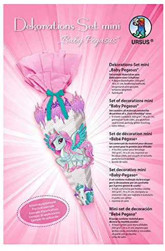 Ursus 9900001F - Dekorationsset Mini Baby Pegasus, 4 Bogen Bastelkarton 14 x 21 cm, zum Dekorieren einer Schultüte (Rohling nicht enthalten) beidseitig bedruckt, vorgestanzt, mit Satinband
