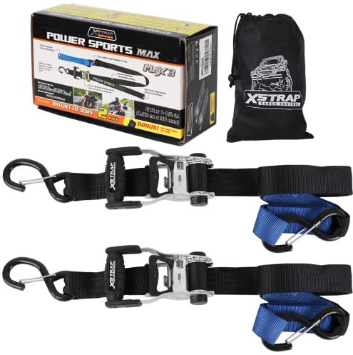 XSTRAP STANDARD 2-pack kraftiga motorcykelspärrremmar, 3,8 cm x 15 cm säkerhetsklämma krokar och mjuka öglor, lasttillbehör som säkrar motorcyklar, motorcyklar, motorcyklar, kajaker, ATV-apparater,
