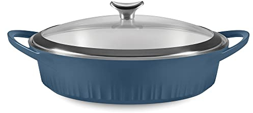 CorningWare QuickHeat 4-QT Cast Aluminum Braiser With Lid, Nonstick Ceramic Interior, Lightweight and Fast Even Heat Baking & Cooking, For Meats, Soup, Browning, Searing, French Navy