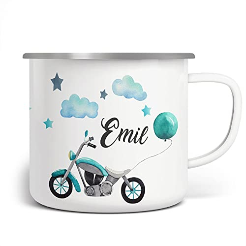 miKalino Emaille Tasse Jungs - Trinkbecher Kinder personalisiert - Emaille Becher mit Motorrad-Motiv - Kindertasse mit Namen - Kindertasse bedruckt - Emaille Becher Weiß