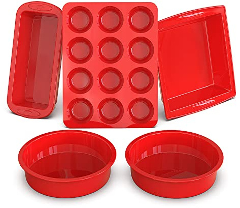 SILIVO 5-Piece Silicone Baking Pans Sets - Nonstick Silicone Bakeware Set with Bread Loaf Pan, Muffin Pan, Square/Round Cake Pan - Oven & Dishwasher Safe