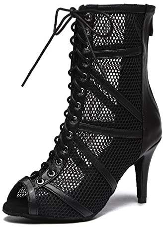 MINITOO Damen Latin Standard Tanzschuhe Mesh Abend Sandalen Stiefeletten Sommer Sexy Tanzstiefel L555 Schwarz EU 41