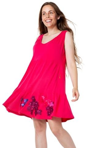 Mamatayoe Arrebol Vestido para Mujer Color Fucsia, Escote en Pico y Bordado Floral
