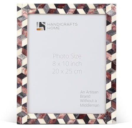 Handicrafts Home Bone Photo Frame Geometric 3D Pattern Inspired Vintage Table-Top/Wall Décor Chevron Art Boho Picture Frames (8x10 Inches, Cube Brown, White)