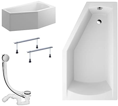 KOLMAN Badewanne SELENA Eckbadewanne 160x90 Rechts mit AcrylSchürze, Ablaufgarnitur und Füßen Komplettset 4in1 Premium Original Acryl Wanne Siphon