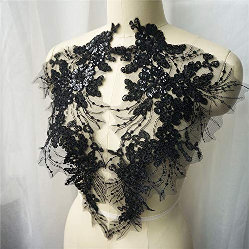 Yulakes 1 Pair Schwarze Pailletten Stickerei Ausschnitt Spitze Kragen Blume Quaste Brautkleid Applikationen Spitze Stoff Bestickte Borte Kragen Mesh Nähen Patch Für Kleid DIY Decor