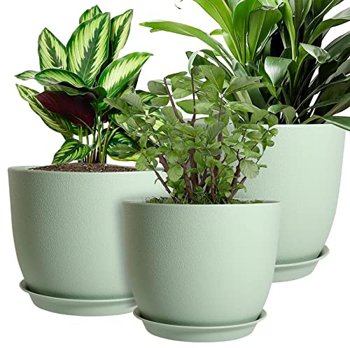 MUAEEOK Pflanztöpfe 25/23/20 cm, 3er Set Moderne Deko Pflanzgefäße aus Kunststoff mit Drainagelöchern und Untersetzern Kunststoff Blumentöpfe Kinderzimmer Pflanztopf für Zimmerpflanzen Zimmerblumen