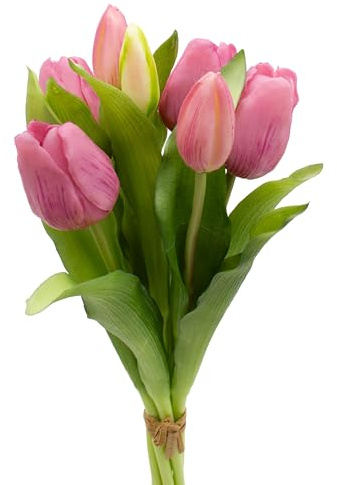 mucplants künstliche Tulpen Tulpenbündel mit 4 Tulpen und 3 Tulpenknospen real Touch (Mauve)