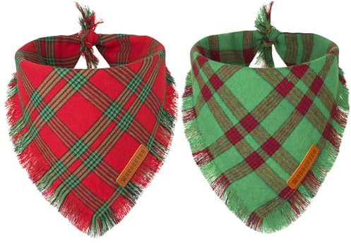 ADOGGYGO Weihnachts-Hundehalstücher mit Quasten, rot und grün, kariert, Weihnachtstuch, Lätzchen, mehrere Größen, Weihnachtstuch, Bandana für kleine Hunde, Welpen (klein)