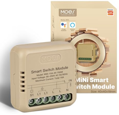 MOES Mini Smart Light Switch WiFi Module, Flush-mounted, Power Consumption Monitor, Alexa Switch Module, MOES App Compatible with Alexa and Google Home, Neutral Wire Required - 16A 1 Gang