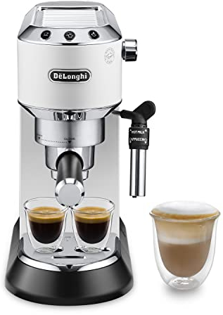 De'Longhi Dedica EC685.W, Cafetera de Bomba de Acero Inoxidable para Café Molido o Monodosis, Cafetera para Espresso y Cappuccino, Depósito 1.3L, Sistema Anti-goteo, Color Blanco