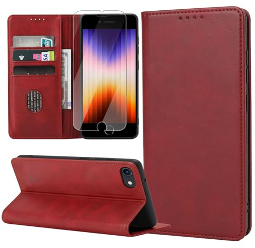 ZYIMOU Handyhülle für iPhone SE 2022/ SE 2020/ iPhone 8/ iPhone 7 Hülle mit Schutzfolie, Leder Schutzhülle Standfunktion Kartenfach Wallet Klapphülle Flip Case Cover, Rot